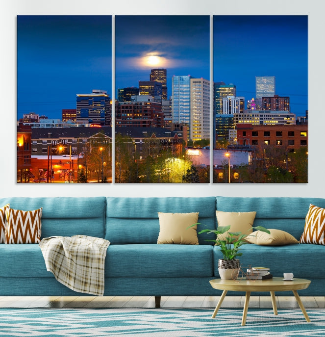 Impresión en lienzo de arte de pared grande con vista del paisaje urbano del horizonte azul nocturno de las luces de la ciudad de Denver