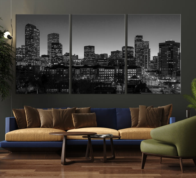 Denver City Lights Skyline Black and White Wall Art Cityscape Canvas Print