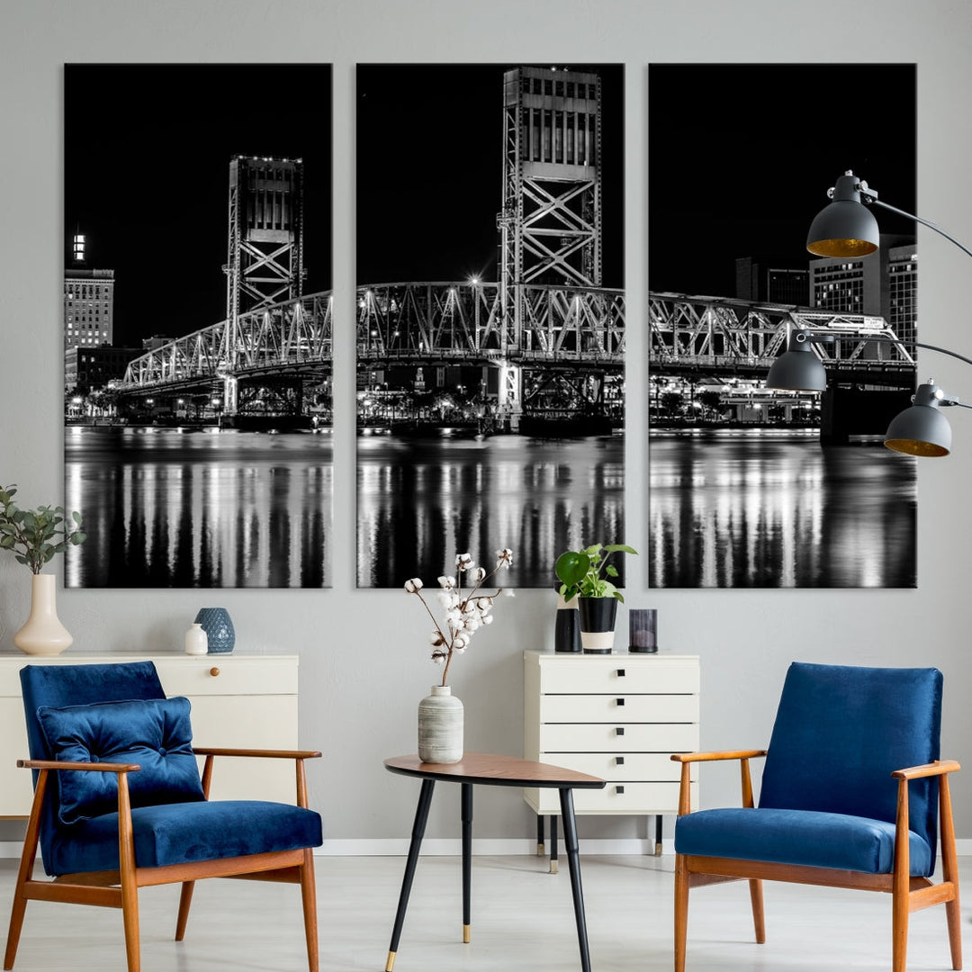 The Jacksonville City Bridge Night Wall Art Canvas Print is a black and white triptych depicting the city bridge at night. It features a UV-protective coating on museum-quality canvas.