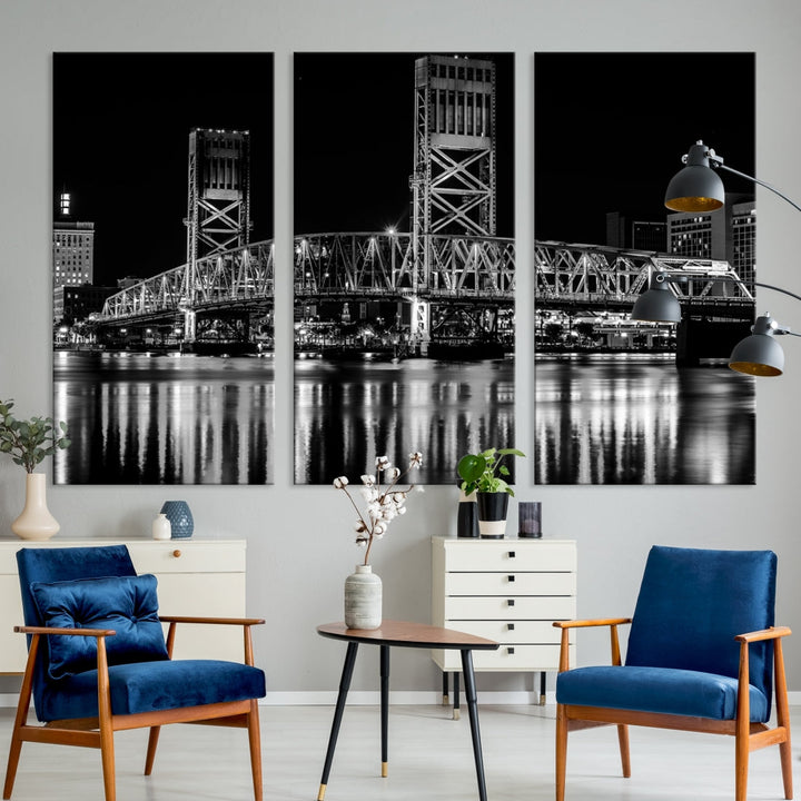 The Jacksonville City Bridge Night Wall Art Canvas Print is a black and white triptych depicting the city bridge at night. It features a UV-protective coating on museum-quality canvas.