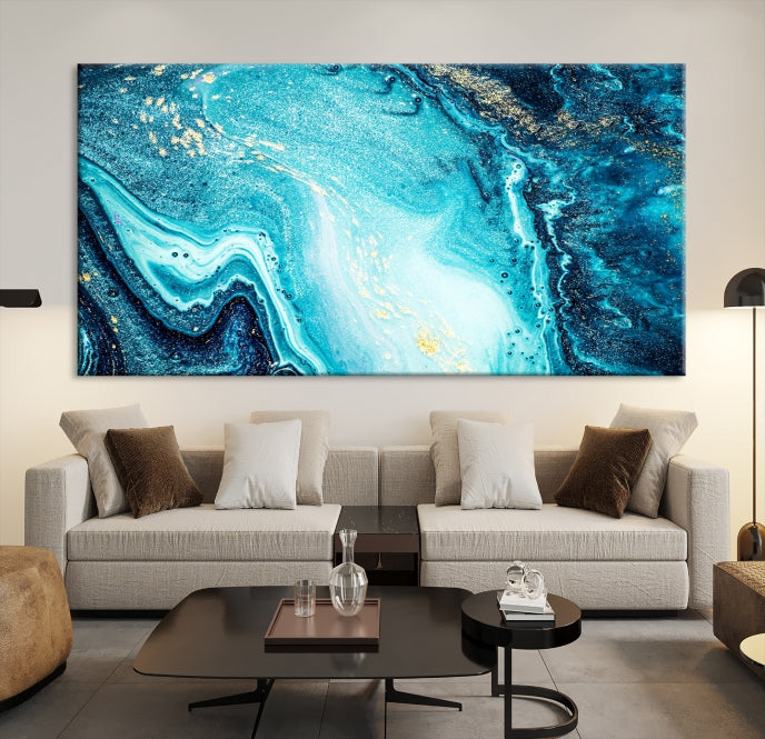 Arte de pared grande con efecto fluido de mármol azul neón y dorado, lienzo abstracto moderno, impresión artística de pared