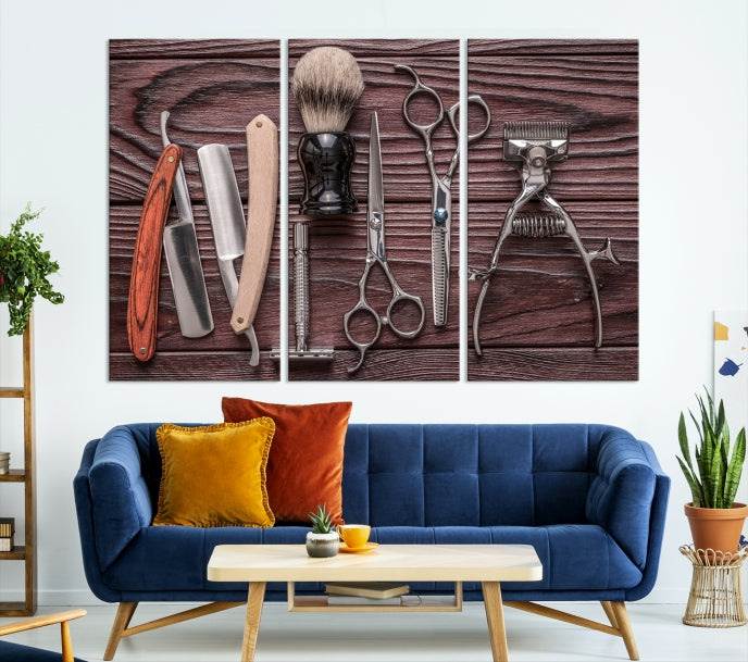 Lienzo decorativo para pared grande con herramientas de peluquería