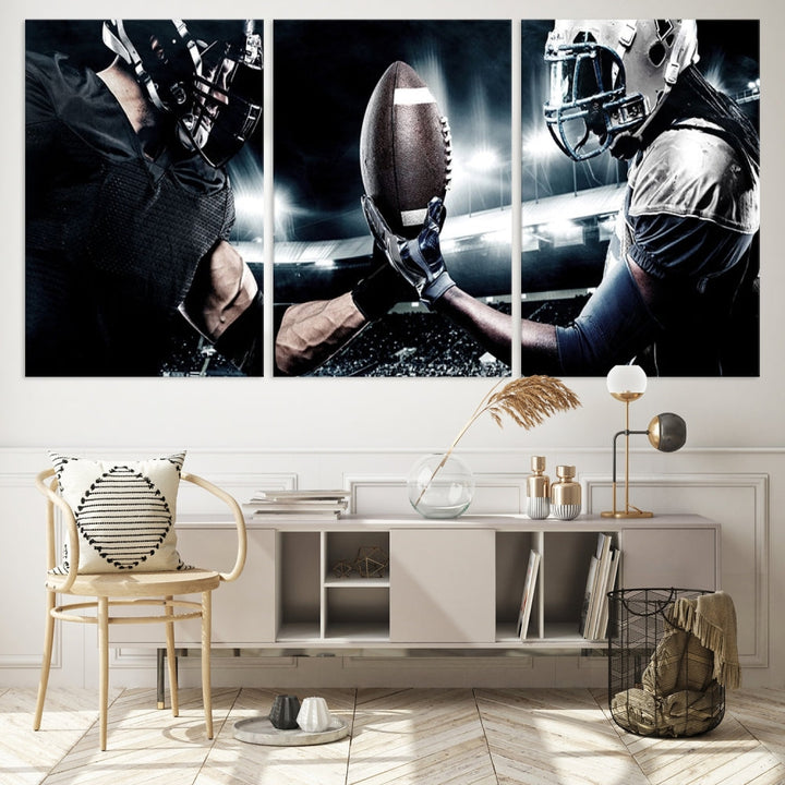 A modern living room features the "American Football Wall Art Canvas Print," a triptych of museum-quality canvases showcasing American football players.