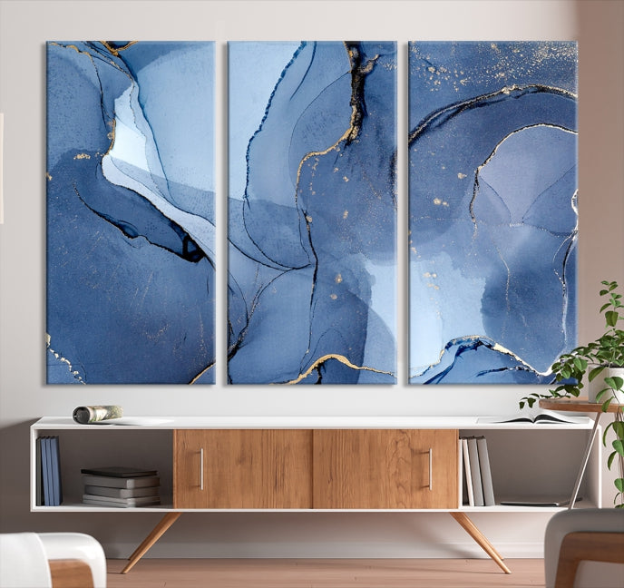 Arte de pared grande con efecto fluido de mármol azul, lienzo abstracto moderno, impresión artística de pared