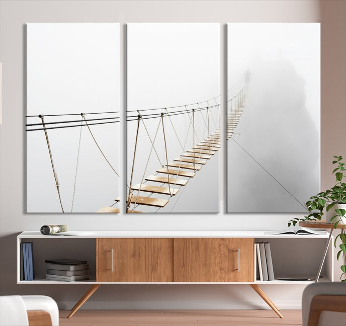 Lienzo decorativo para pared con puente de madera y niebla