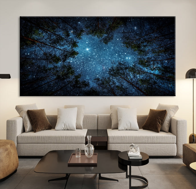 Impression sur toile d’art mural forêt et étoiles