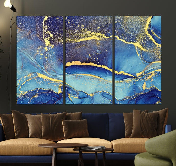 Splash Yellow Color Blue Marble Abstract Canvas Wall Art Print