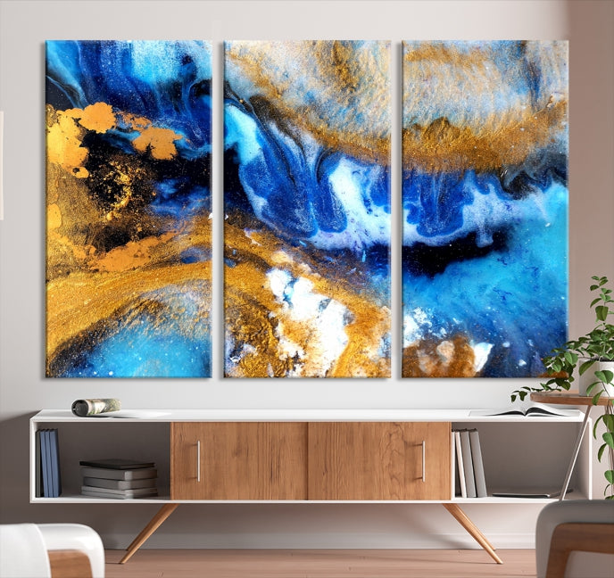 Blue Orange Marble Fluid Effect Wall Art Abstract Canvas Wall Art Print