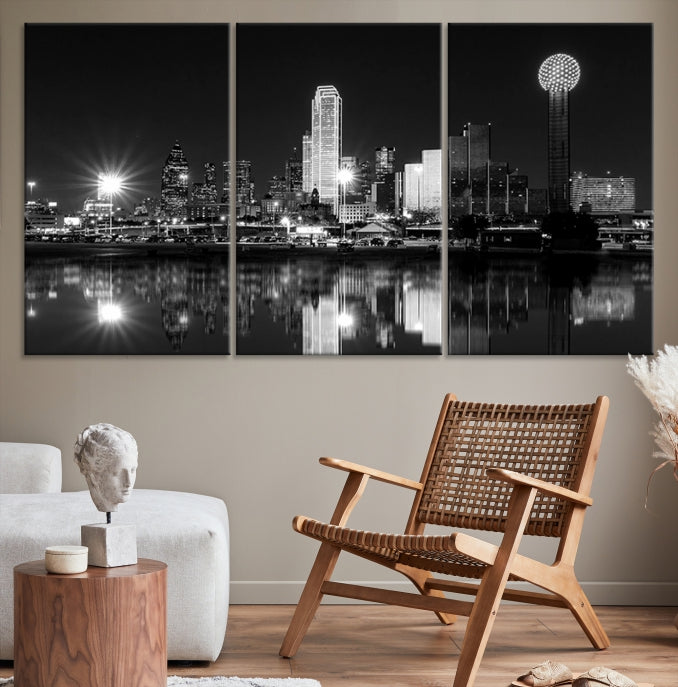 Dallas City Lights Skyline Art mural noir et blanc Paysage urbain Impression sur toile