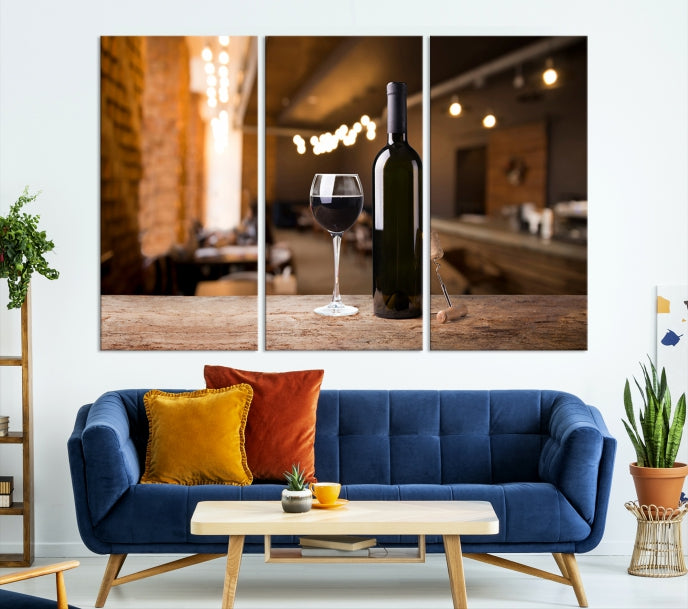 Lienzo decorativo para pared grande con vino y botella