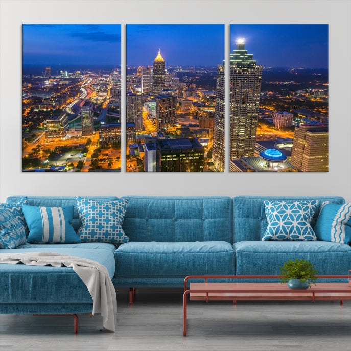 Arte de pared grande con vista del paisaje urbano del horizonte azul nocturno de las luces de la ciudad de Atlanta Impresión en lienzo