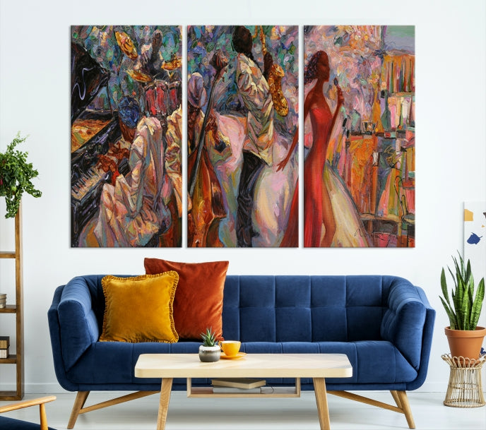 Músico africano, mujeres y orquesta de jazz, arte de pared grande, impresión en lienzo