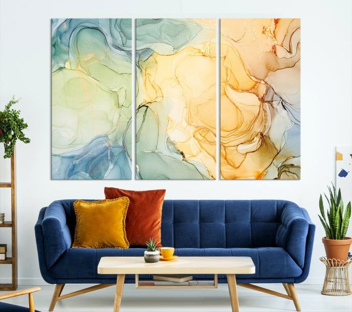 Arte de pared grande con efecto fluido de mármol amarillo, lienzo abstracto moderno, impresión artística de pared