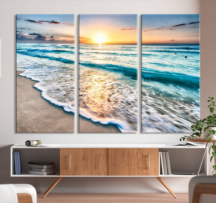 Sunset Beach Waves Canvas Wall Art – 5-Panel Ocean Sunset Print – Coastal Decor for Living Room or Bedroom – Ready to Hang