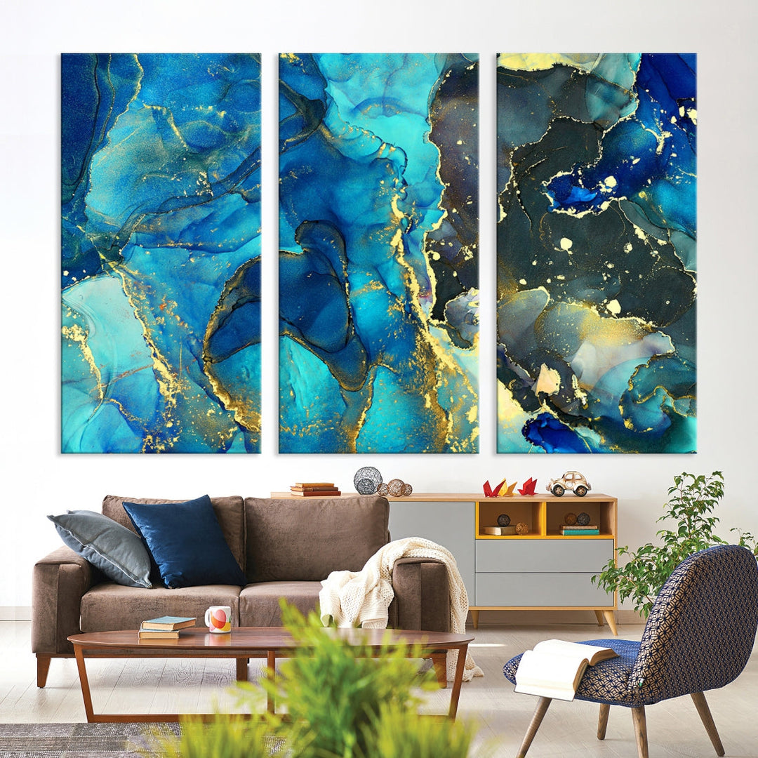 Impression d’art mural sur toile abstraite à effet fluide en marbre bleu néon