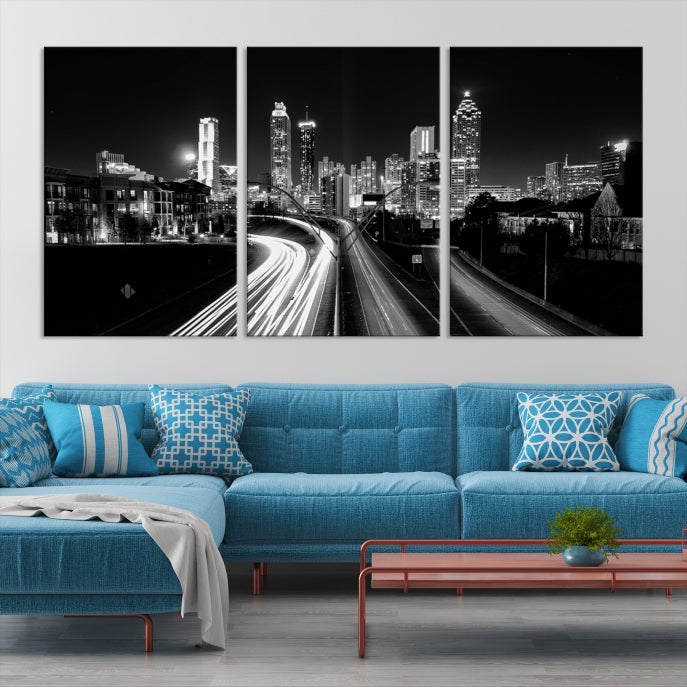 Skyline de luces de la ciudad de Atlanta Arte de pared en blanco y negro Paisaje urbano Lienzo