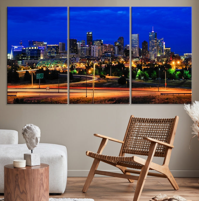 Denver City Lights Night Bright Blue Skyline Cityscape View Wall Art Canvas Print