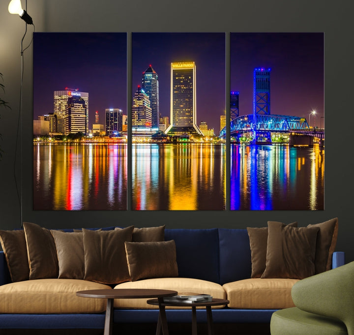 The Jacksonville City cityscape wall art captures a vibrant city skyline at night with colorful reflections in the water and is elegantly displayed on museum-quality gallery wrapped canvas.