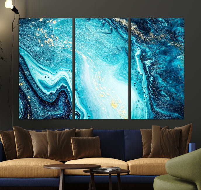 Arte de pared grande con efecto fluido de mármol azul neón y dorado, lienzo abstracto moderno, impresión artística de pared