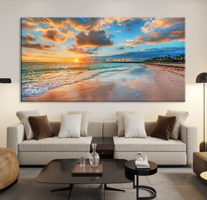 Sunset Beach Canvas Wall Art – Tropical Triptych Seascape Print – Coastal Ocean Decor for Living Room or Bedroom – Ready to Hang