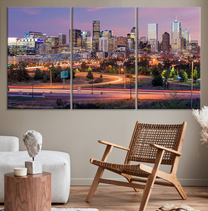 Denver City Lights Coucher de soleil Violet Skyline Paysage urbain Vue Art mural Impression sur toile