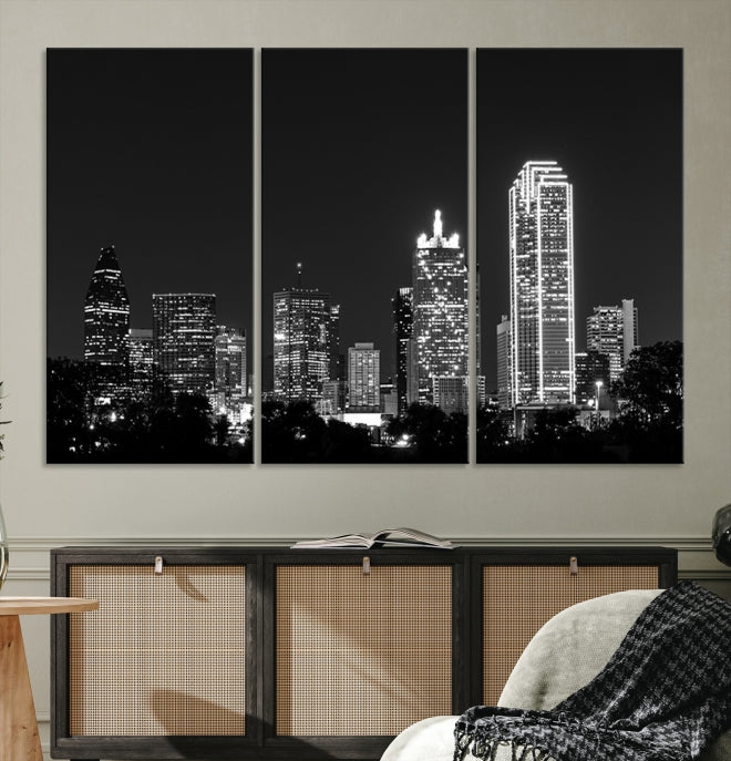 Dallas City Lights Skyline Art mural noir et blanc Paysage urbain Impression sur toile