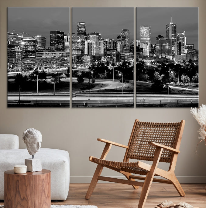 Denver City Lights Skyline Black and White Wall Art Cityscape Canvas Print