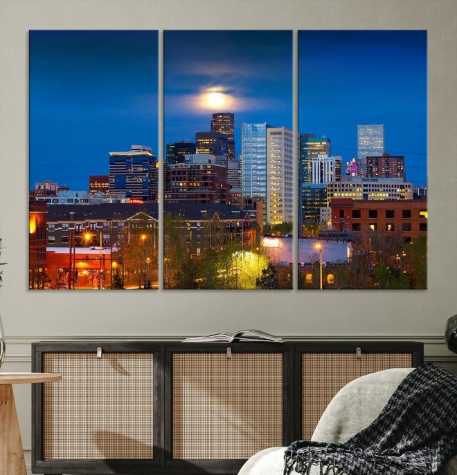 Impresión en lienzo de arte de pared grande con vista del paisaje urbano del horizonte azul nocturno de las luces de la ciudad de Denver