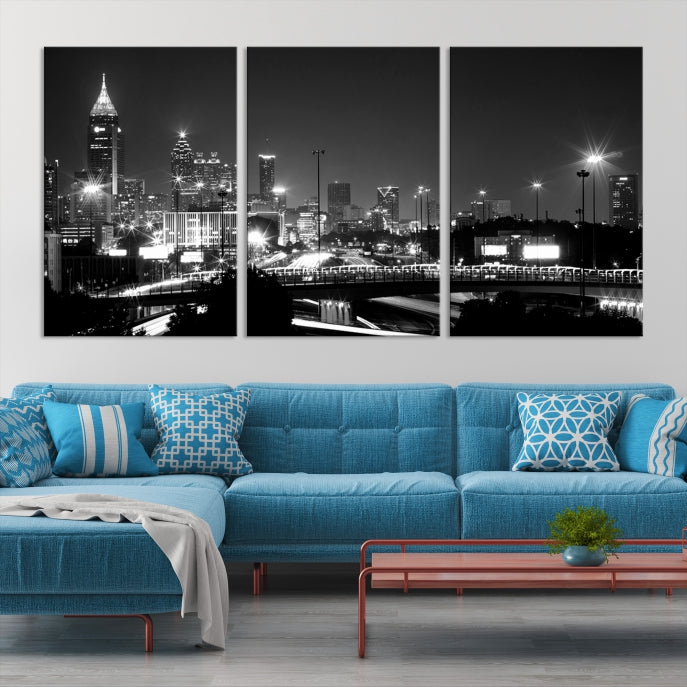 Atlanta City Lights Skyline Art mural noir et blanc Paysage urbain Impression sur toile