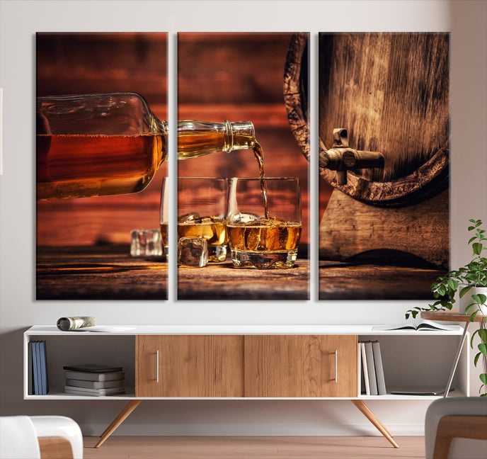 Lienzo decorativo para pared grande con whisky y barril