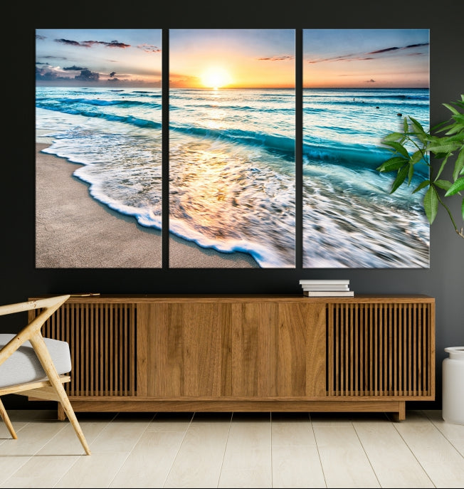 Sunset Beach Waves Canvas Wall Art – 5-Panel Ocean Sunset Print – Coastal Decor for Living Room or Bedroom – Ready to Hang