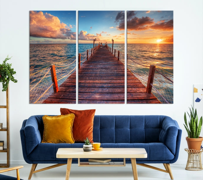 Lienzo decorativo para pared con atardecer y muelle de madera