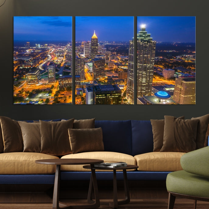 Arte de pared grande con vista del paisaje urbano del horizonte azul nocturno de las luces de la ciudad de Atlanta Impresión en lienzo