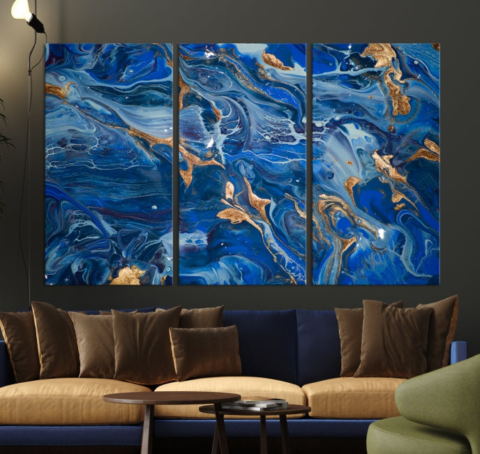 Arte de pared grande con efecto fluido de mármol azul marino, lienzo abstracto moderno, impresión artística de pared