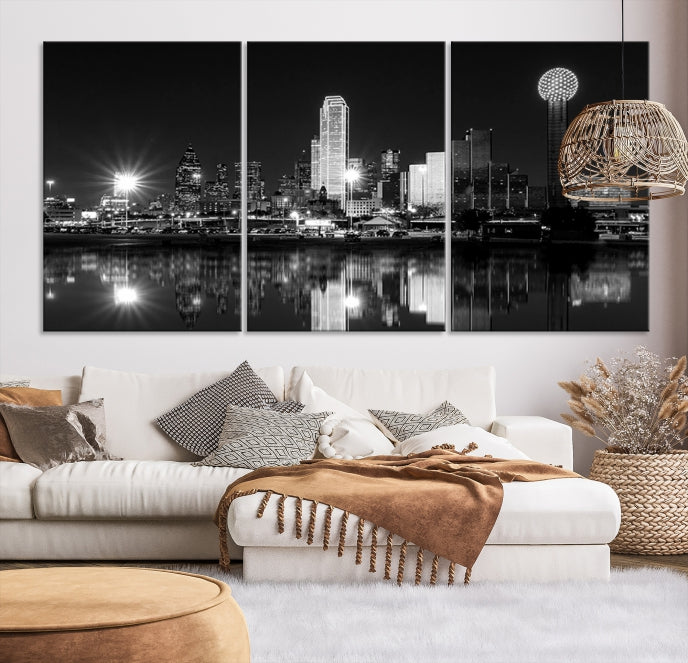 Dallas City Lights Skyline Art mural noir et blanc Paysage urbain Impression sur toile