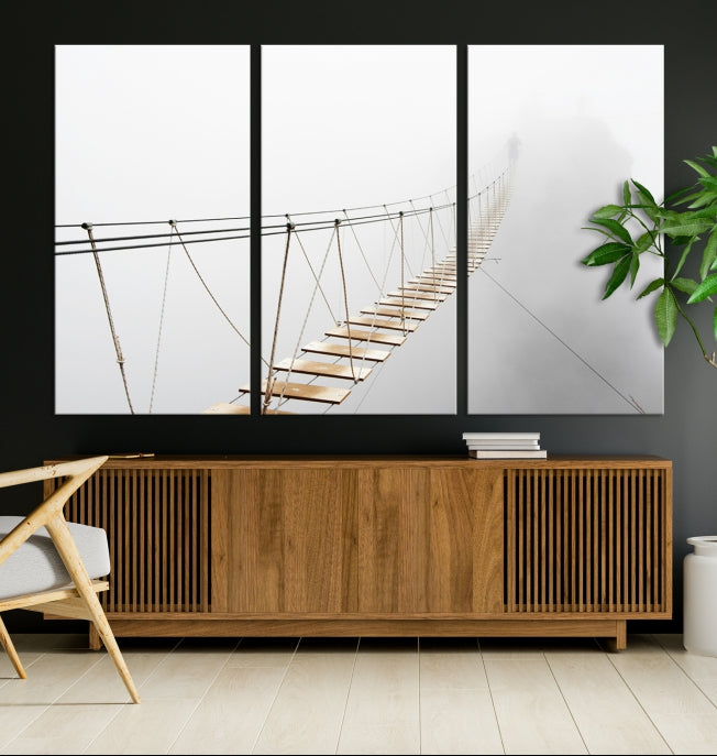 Lienzo decorativo para pared con puente de madera y niebla