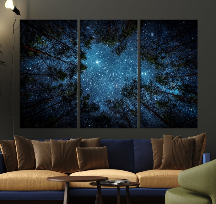 Impression sur toile d’art mural forêt et étoiles