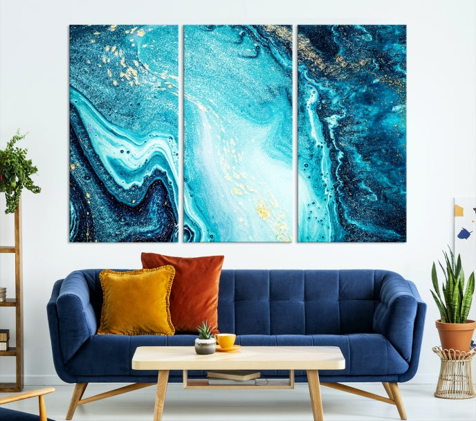 Arte de pared grande con efecto fluido de mármol azul neón y dorado, lienzo abstracto moderno, impresión artística de pared