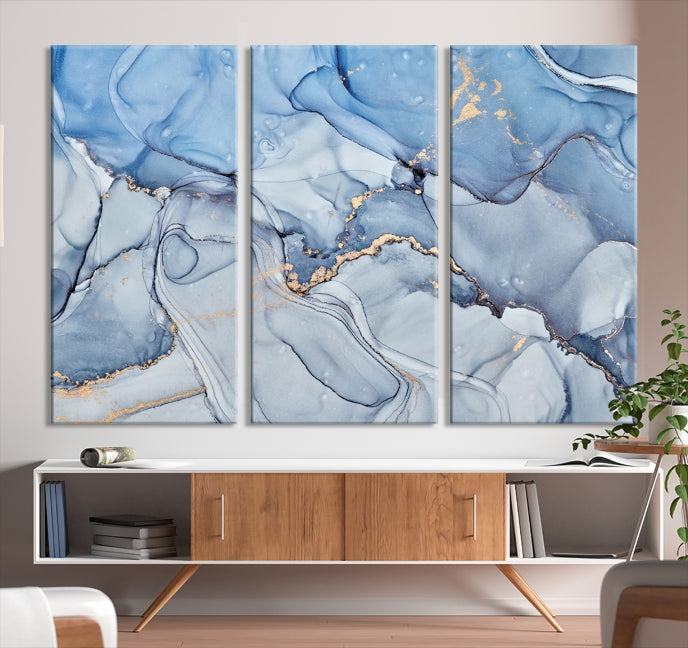 Arte de pared grande con efecto fluido de mármol azul hielo, lienzo abstracto moderno, impresión artística de pared