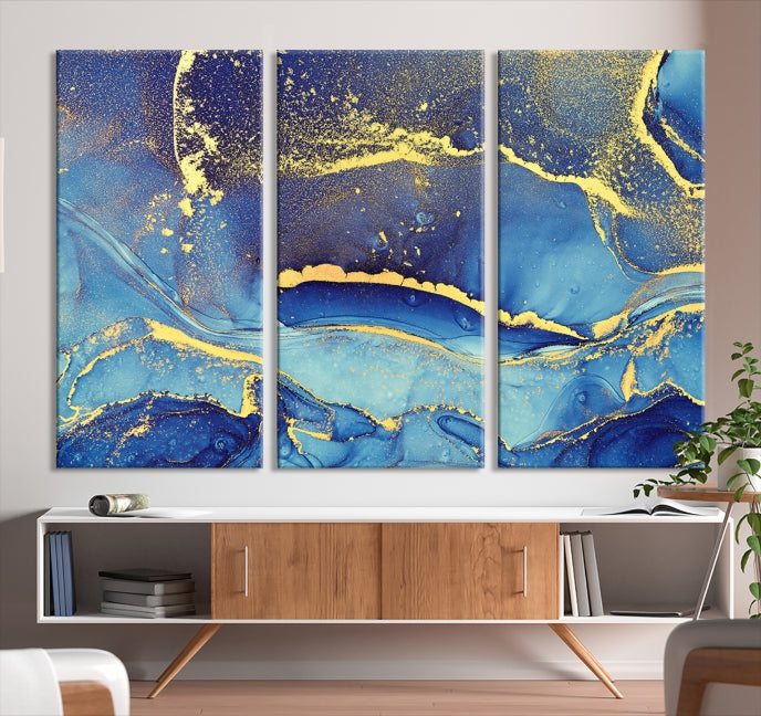 Splash Yellow Color Blue Marble Abstract Canvas Wall Art Print