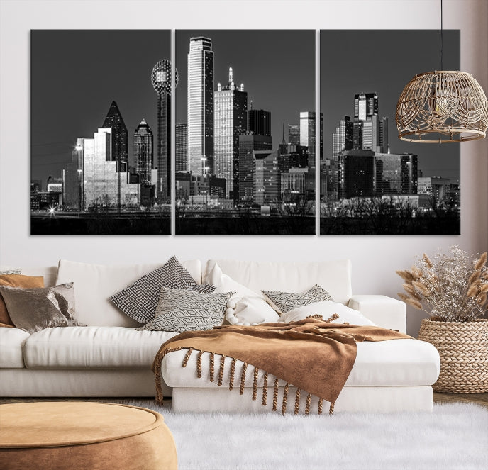 Dallas City Lights Skyline Art mural noir et blanc Paysage urbain Impression sur toile