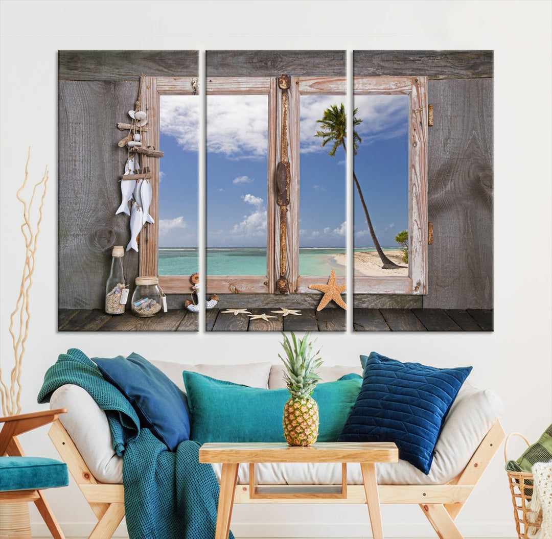 Arte de pared de ventana grande, foto relajante de playa, lienzo, impresión artística de estrellas de mar, conchas marinas, arte náutico enmarcado, obra de arte oceánica