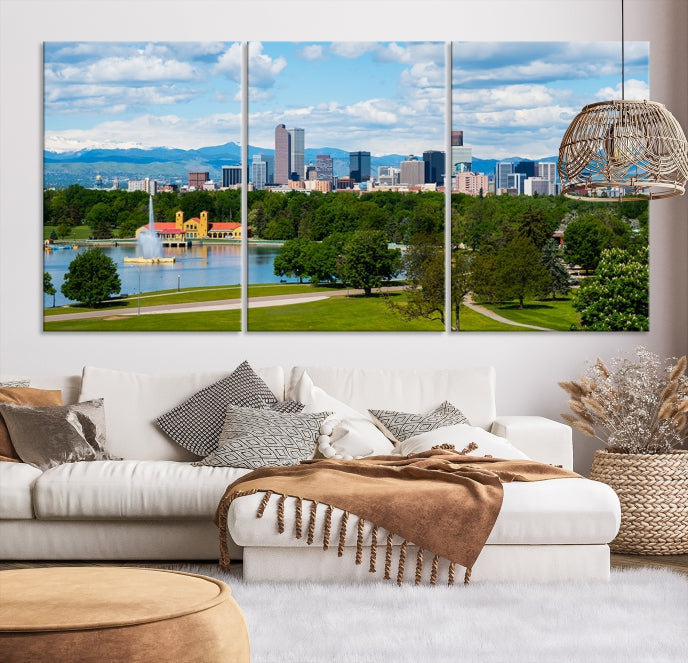 Denver City Park au printemps nuageux Skyline paysage urbain vue murale impression sur toile