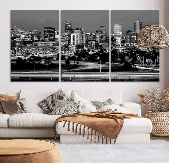 Denver City Lights Skyline Black and White Wall Art Cityscape Canvas Print