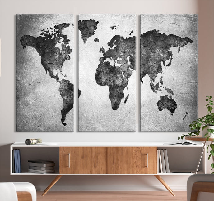 Black and Gray World Map Canvas Wall Art Print