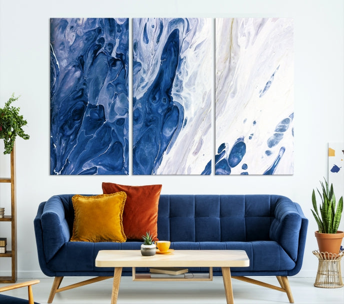 Arte de pared grande con efecto fluido de mármol azul marino, lienzo abstracto moderno, impresión artística de pared