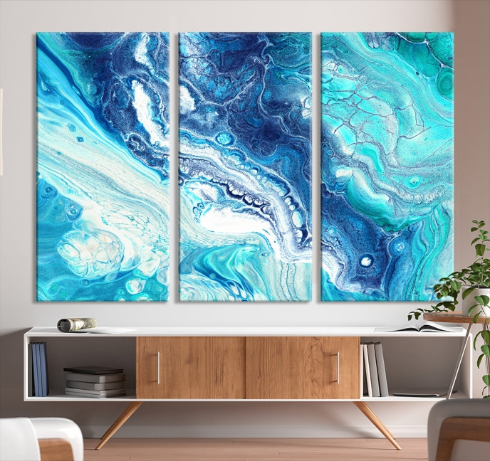 Arte de pared grande con efecto fluido de mármol azul, lienzo abstracto moderno, impresión artística de pared