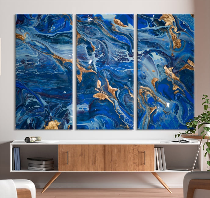 Arte de pared grande con efecto fluido de mármol azul marino, lienzo abstracto moderno, impresión artística de pared