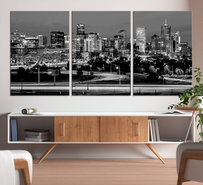 Denver City Lights Skyline Black and White Wall Art Cityscape Canvas Print