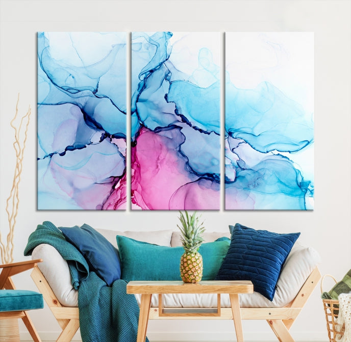 Arte de pared grande con efecto fluido de mármol azul y rosa, lienzo abstracto moderno, impresión artística de pared